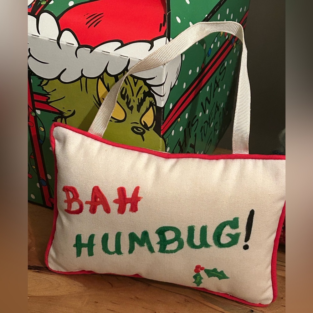Festive petit 'Bah Humbug' Holiday hanging ornament Pillow hand painted vintage